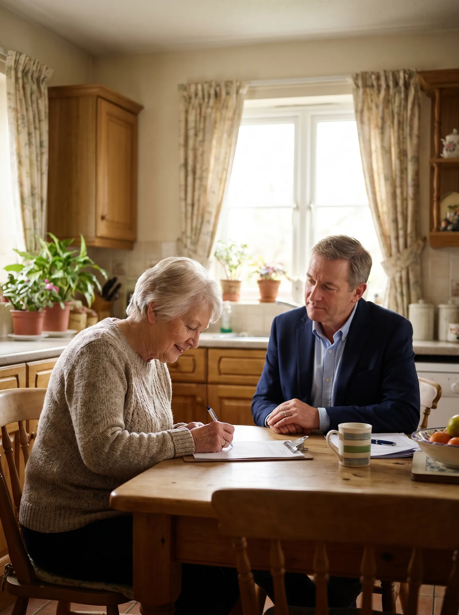 Mobile notary meeting with an elderly woman at her kitchen table in Sacramento to notarize estate planning documents