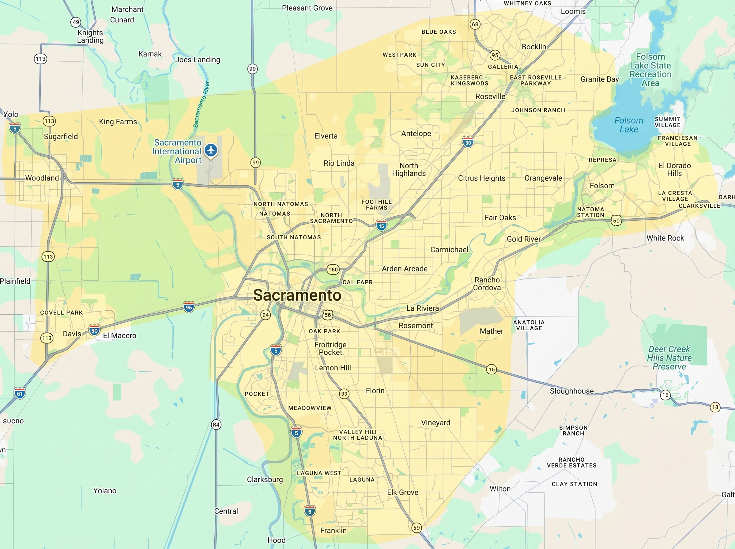 SacTown Mobile Notary service area map — Sacramento, Elk Grove, Roseville, Folsom, Rancho Cordova, Natomas, Citrus Heights, Rocklin, Lincoln, West Sacramento, Davis and surrounding counties