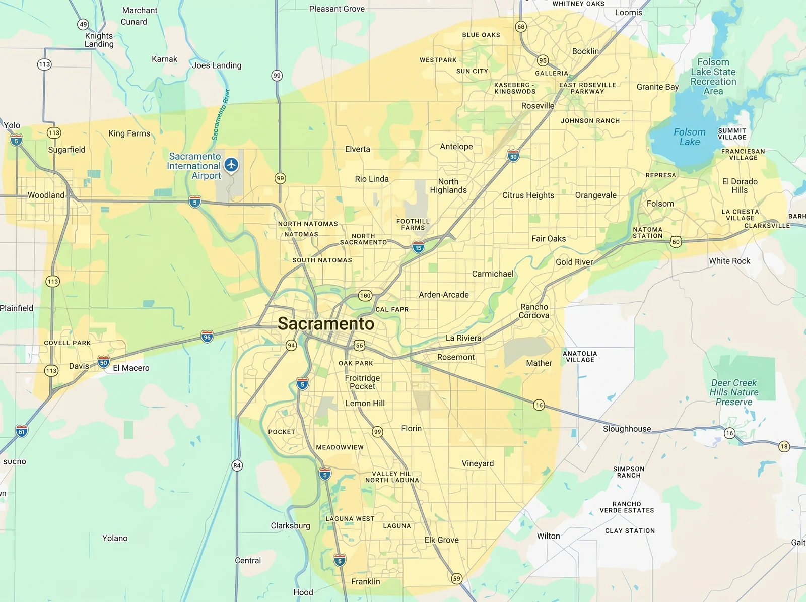 SacTown Mobile Notary service area map — Sacramento, Elk Grove, Roseville, Folsom, Rancho Cordova, Natomas, Citrus Heights, Rocklin, Lincoln, West Sacramento, Davis and surrounding counties